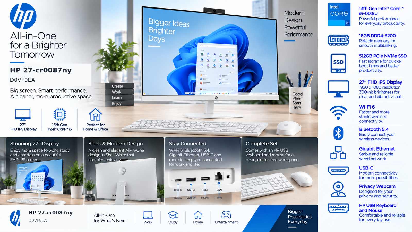 HP 27-cr0087ny D0VF9EA All-in-One Desktop, Intel Core i5-1335U, 16GB DDR4-3200, 512GB PCIe NVMe SSD, 27-inch FHD IPS 300-nit Display, Wi-Fi 6, USB English Keyboard & Mouse, FreeDOS, Shell White